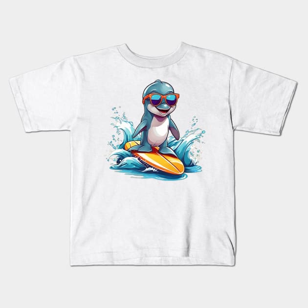 Surfing Dolphin Kids T-Shirt by likbatonboot